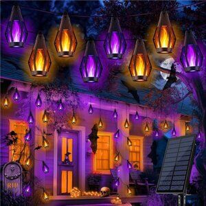 Solar Halloween Lights, 27Ft 10 LED Bulbs Flickering Flame String